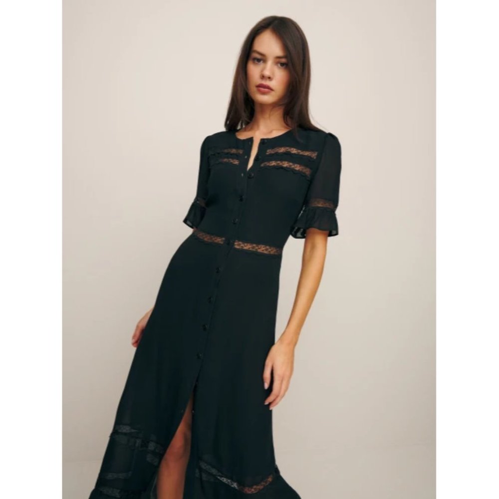 NWOT Reformation Woodson Dress in Black Midi Short Sleeves Button Lace